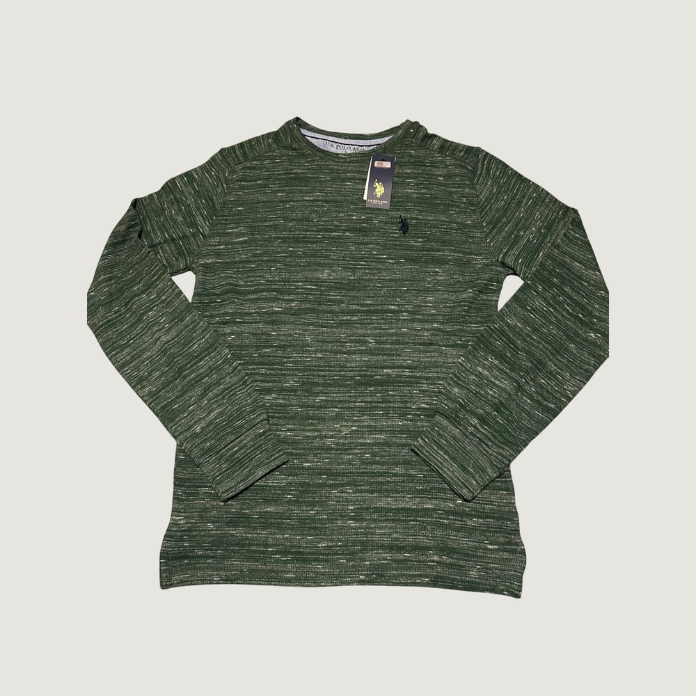 US Polo Assn Mens Long Sleeve Thermal Shirt Green Space Dye Crew Neck